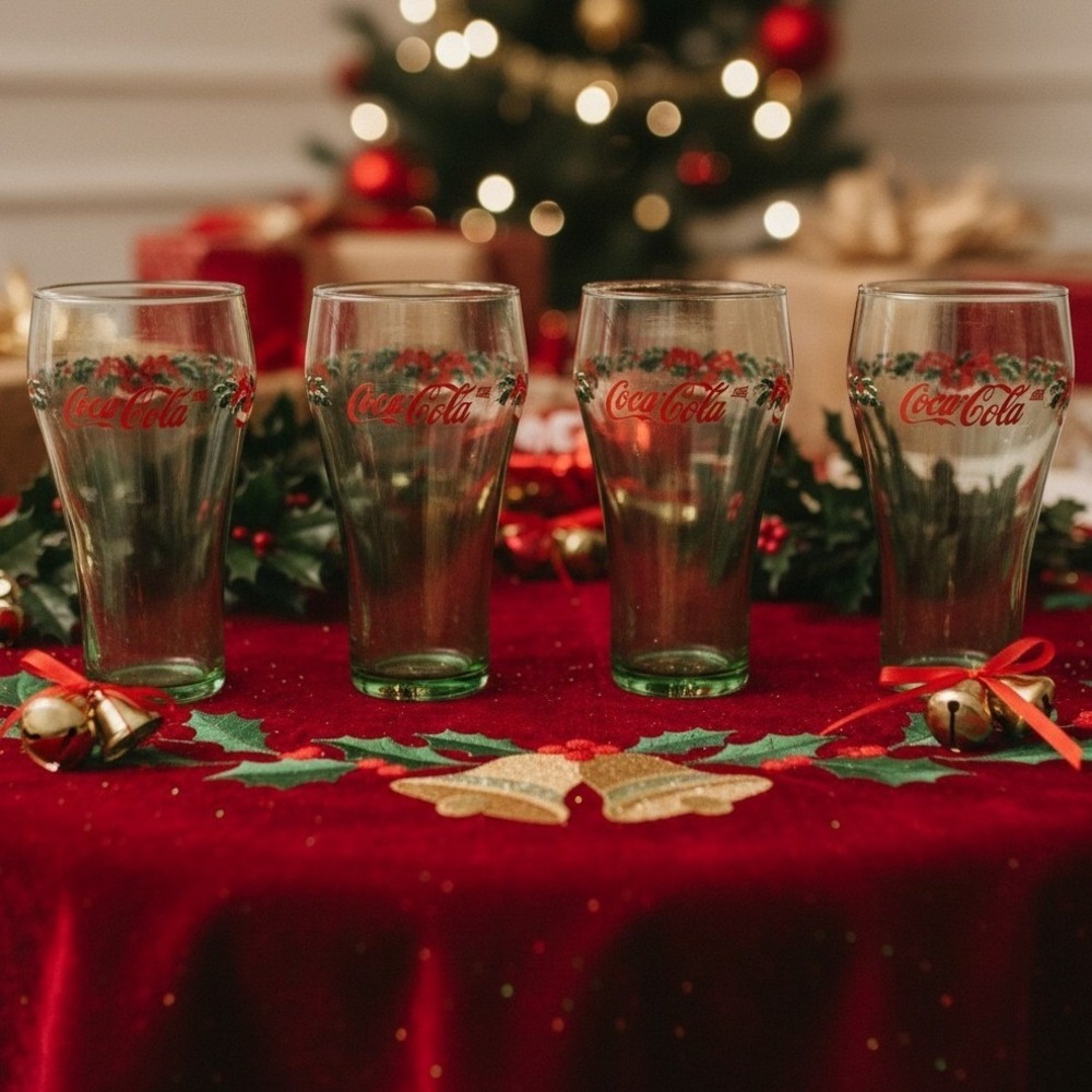 Coca-Cola Holly Bells Tumblers, Set of 4, Vintage Libbey Glasses, Drinkware